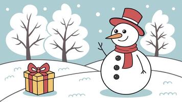 Create a snowman scene with the gift in a snowy landscape. vector