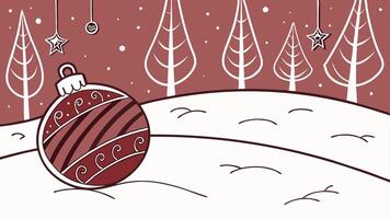 Red christmas ball on snow. Background of red and snow for Christmas with hanging ornaments. vector