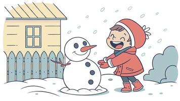 Creative picture illustration small child playing snow making snowman in yard have fun vector