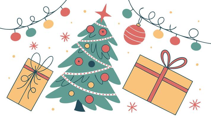 Festive Christmas or New Year white background with decorations and a fir tree. Top view.