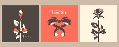 Valentine elements on greeting cards. Set of retro posters for 14 February holiday. Valentine flower, rosebud, bow in shape of heart, love text. Romantic design. flat illustration vector