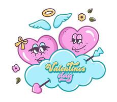 Valentine characters smile at each other. Flirting couple. Hand drawn outline template in Retro style. Valentines cupid. Funny Groovy hearts in cartoon style. Valentines text. vector