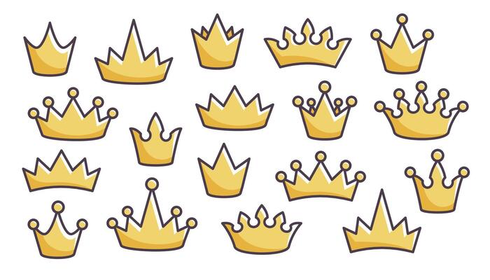 Set of gold crowns for king, queen. Crown icons. Collection of cartoon vintage royal crowns isolated on white background. Royalty symbol. flat illustration
