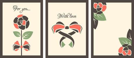 Valentine concept. Set of vertical retro posters for 14 February holiday. Beautiful flower, rose, bow in shape of heart, lovely text. Gift cards. flat illustration vector
