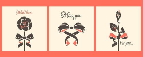 Valentines day cards. Valentine elements on white background. Set of retro posters for 14 February holiday. Romantic design with rosebud, bow in shape of heart, love text. flat illustration vector