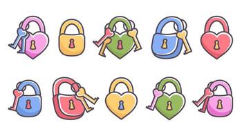 Lock icons. Set of various padlocks with color keys. Hanging Castles in shape of heart. Doodle hand drawn valentine elements. Happy Valentine's day. illustration for holiday, invitation, card vector