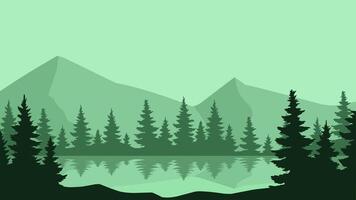 Landscape illustration of mountain with lake and coniferous trees vector