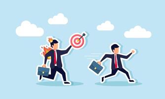 A businessman running to avoid a chasing businessman on fire carrying a target board, illustration of being pursued by business targets set by company leaders vector
