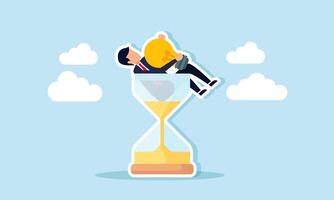Businessman holding a lamp, relaxing and stuck in an hourglass, illustration of consistency in applying business ideas and innovations vector