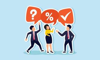 Businesspeople gathered with individual dialog boxes labeled with percentage symbols, question marks, and check marks, illustration of discussions on sharing profits and dividends vector