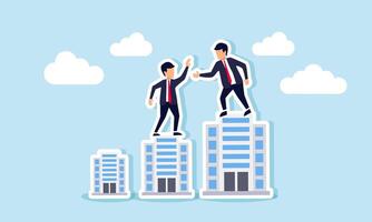 A businessman helping another businessman standing on smaller business buildings, illustration of efforts to assist a group company facing business difficulties vector