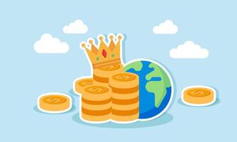 A stack of dollar coins with a crown on top and a globe in the background, illustration of natural resources as a source of profit in business vector