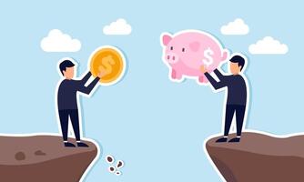 A businessman holds a coin on one side of a chasm while another holds a piggy bank on the other side, illustration of challenges in business investment vector