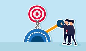 Two businessmen work together pulling a lever that moves a target board machine, illustration of teamwork in achieving business targets vector