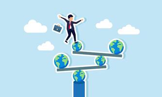 A businessman stands unbalanced on a stack of globes and boards, illustration of maintaining business field consistency to ensure good performance vector