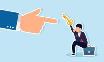 A businessman sitting on a briefcase feeling sad while handing over a key to a hand, illustration of reluctantly sharing business solutions with others vector