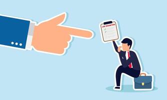 A businessman sitting on a briefcase feeling sad while handing over a job description to a hand, illustration of pressure from the boss to complete job descriptions on time vector