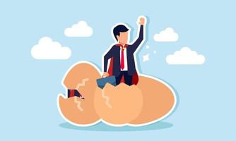 A super businessman emerging from an eggshell, illustration of creating a strong and disciplined business team for effective teamwork vector