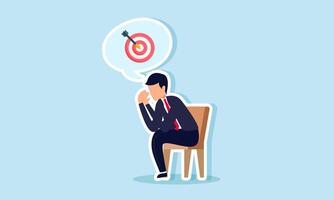 A businessman sitting on a chair feeling sad with a thought bubble of a target board, illustration of strategizing steps to achieve business targets vector