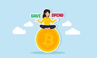 Businesswoman meditating on a bitcoin with the words save and spend on each hand, illustration of decision-making in bitcoin investment strategy vector