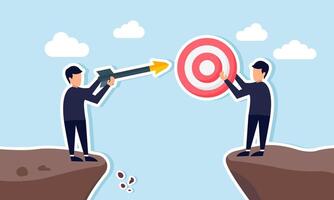 A businessman holds an arrow on one side of a chasm while another holds a target board on the other side, illustration of the challenge in achieving business targets vector