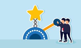 Two businessmen collaborate pulling a lever that moves a star machine, illustration of teamwork in improving business rating and quality vector