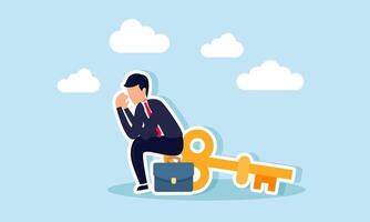 A businessman sits on a key looking sad, illustration of disappointment due to an unsuitable business solution offered vector