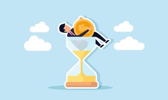 Businessman holding a dollar coin, relaxing and stuck in an hourglass, illustration of consistency in maintaining business performance for profit vector
