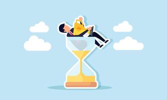 Businessman holding a trophy, relaxing and stuck in an hourglass, illustration of consistency in business performance leading to achievements and recognition vector