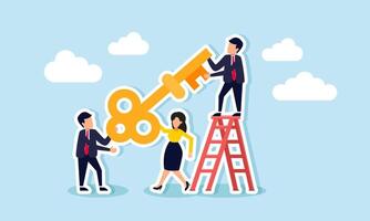 Businesspeople working together to lift a key, illustration of teamwork in finding business problem-solving solutions vector