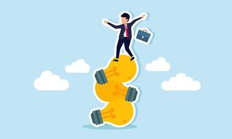 A businessman stands unbalanced on a stack of light bulbs, illustration of how numerous ideas and innovations lead to inconsistent business performance vector