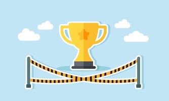 A trophy isolated and restricted by danger warning lines, illustration of a business award suspended due to indications of fraud vector