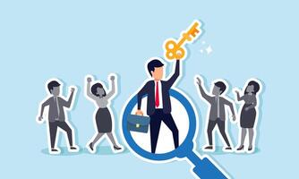 A businessman holding a key under a magnifying glass spotlight while grayscale businessmen celebrate, illustration of celebrating success in solving business problems vector