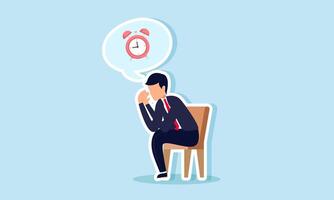 A businessman sitting on a chair feeling sad with a thought bubble of an alarm clock, illustration of strategizing an efficient and effective timeline or schedule vector