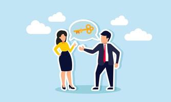 A businessman and businesswoman talk, creating a dialogue box labeled with a key, illustration of sharing ideas on solutions to solve business problems vector