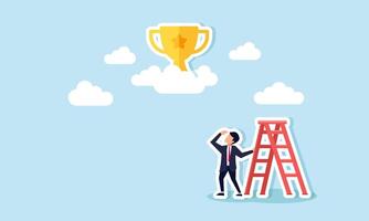 A businessman stands beside a ladder, looking at a trophy above the clouds, illustration of efforts in analyzing to make a business the best in its field and class vector