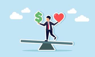 A businessman on a seesaw holding a dollar sign in one hand and a heart in the other, illustration of weighing choices between ego and finances vector