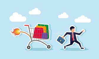 A businessman running to avoid a chasing cart filled with shopping bags, with a lit fuse, illustration of being chased by business expenses or shopping bills vector