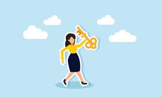 Happy businesswoman walking while carrying and lifting a key, illustration of finding solutions to business challenges vector