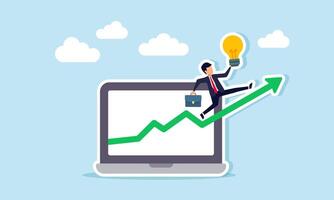 Businessman carrying a lightbulb walking on a rising green chart emerging from a laptop, illustration of business analysis in applying ideas and innovations to increase profit vector