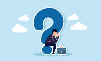 A businessman sits on a question mark looking sad, illustration of confusion in finding solutions to business problems vector