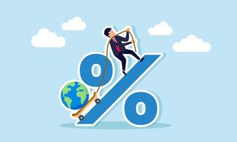 A businessman climbs a percentage sign pulling a globe with a skateboard and rope, illustration of the burden in increasing a company's market share vector