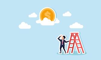A businessman stands beside a ladder, looking at a dollar coin floating above the clouds, illustration of efforts in business investment analysis vector