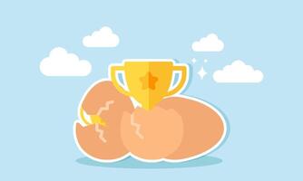A trophy emerging from an eggshell, illustration of achievement in business for becoming the best company vector