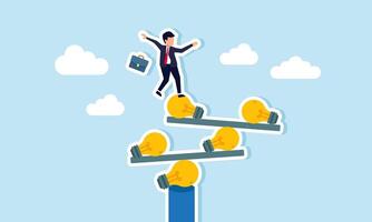 A businessman stands unbalanced on a stack of light bulbs and boards, illustration of how numerous ideas and innovations lead to inconsistent business performance vector