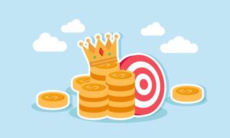 A stack of dollar coins with a crown on top and a target board in the background, illustration of profits gained by achieving business targets vector
