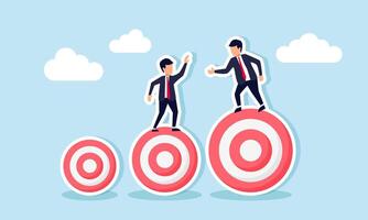 A businessman helping another businessman standing on a smaller target board, illustration of assisting a team in achieving business targets vector