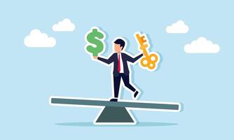 A businessman on a seesaw holding a dollar sign in one hand and a key in the other, illustration of equal comparison between solutions and costs vector