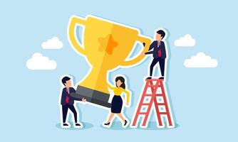 Businesspeople working together to lift a trophy, illustration of teamwork in improving business performance to become a leading company in its field and scale vector