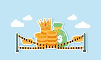 Stacks of money, a money bag, and a crown isolated and restricted by danger warning lines, illustration of assets seized due to a business corruption case vector